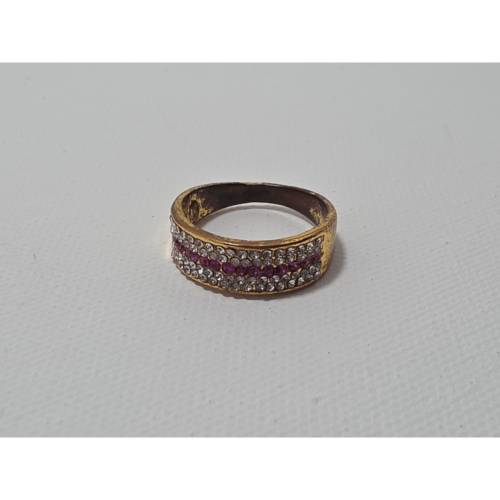 Vintage Gold Tone Pink and Clear Rhinestone Wide Band Ring Size 9 - Picture 8 of 8